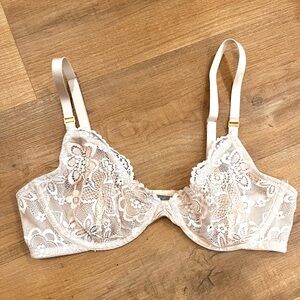 Aerie Day to Play Unlined Lace Demi Pink Lace Mesh Real Me Coquette Bra 34D 32DD